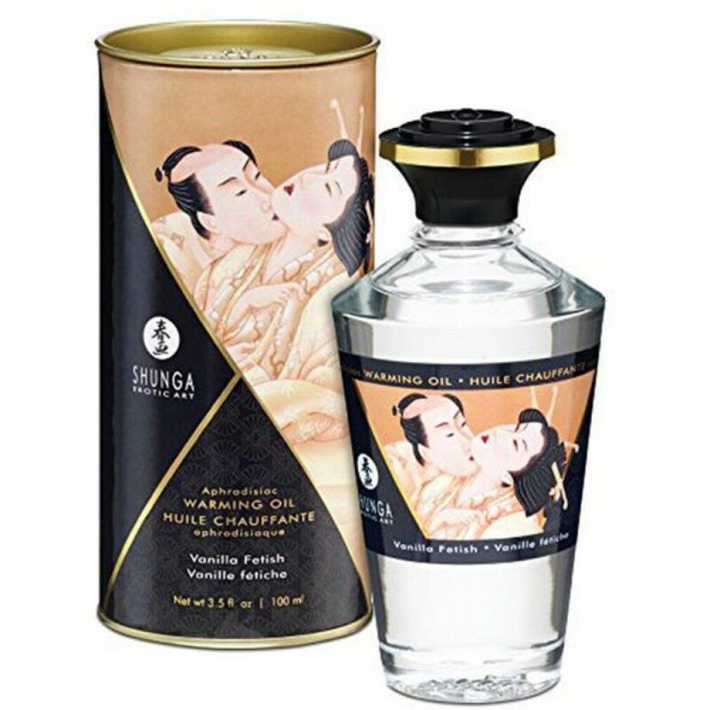 Huile de massage Shunga, arôme vanille. Flacon et emballage avec illustration d'un couple. Texte : Warming Oil, Vanilla Fetish.