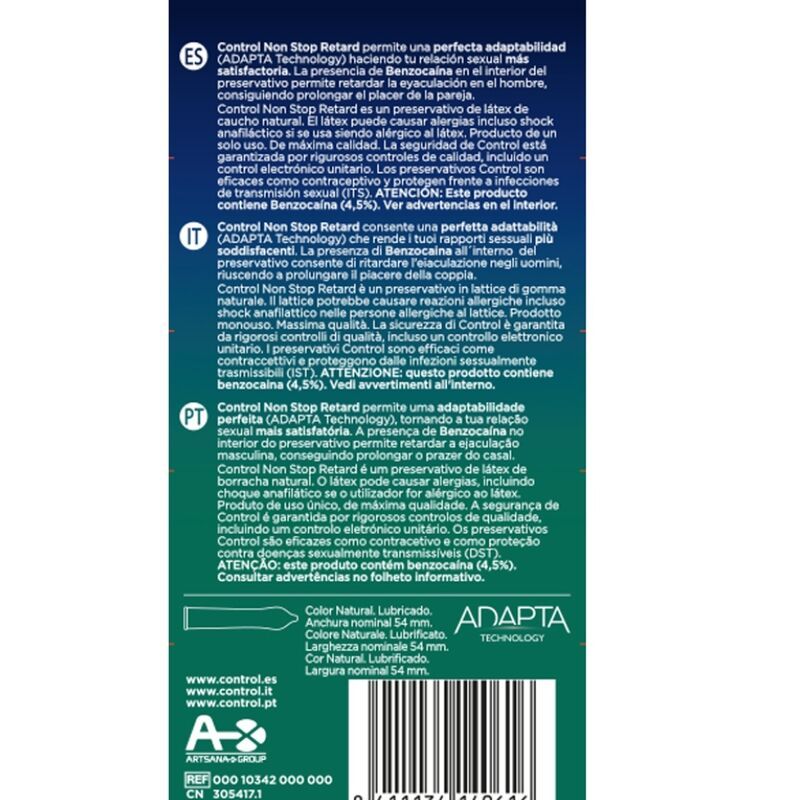 Verpakking van Control Non Stop Retard condooms. Bevat 12 condooms. Verschillende logo's en certificeringen zichtbaar. Meertalige tekst.
