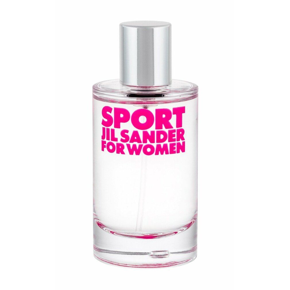 Flacon de parfum Jil Sander Sport for Women avec bouchon argenté et inscription rose.