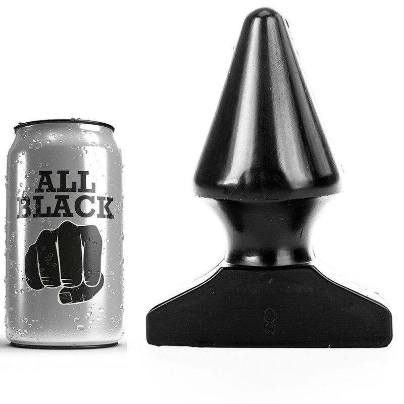 Buttplug noir à pointe conique, à côté d'une canette avec un logo noir.