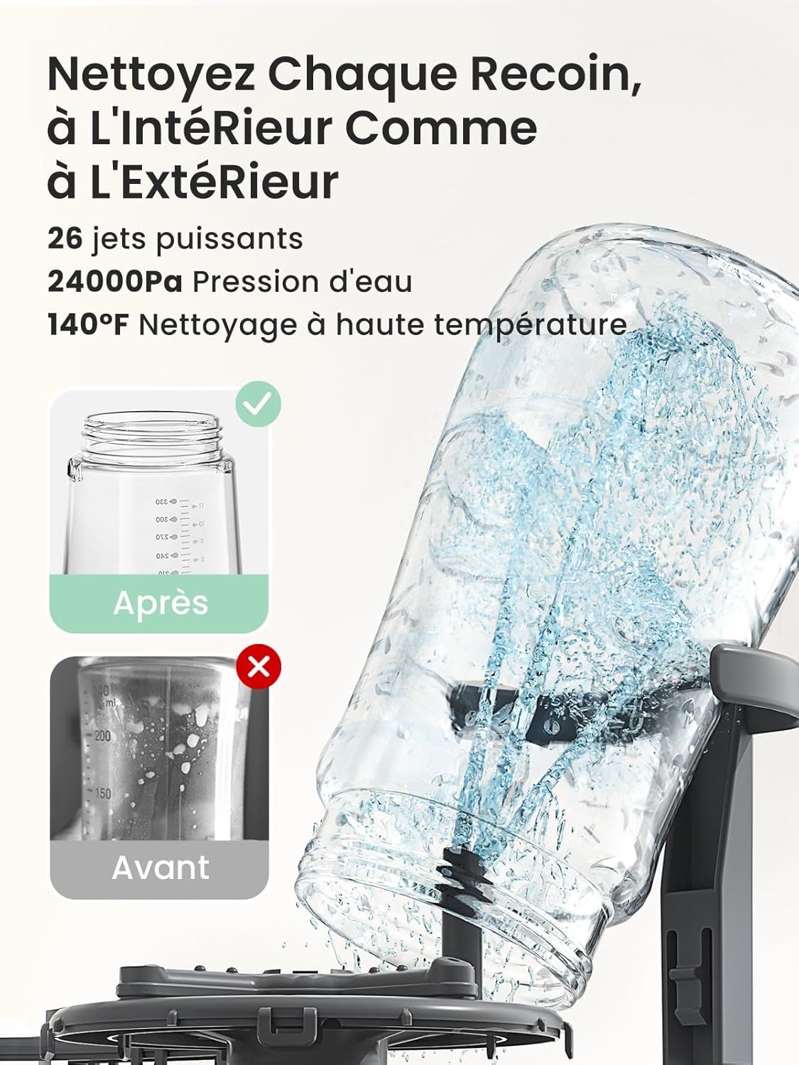 Un récipient en verre est nettoyé par des jets d'eau. Comparaison avant/après montrant la propreté.