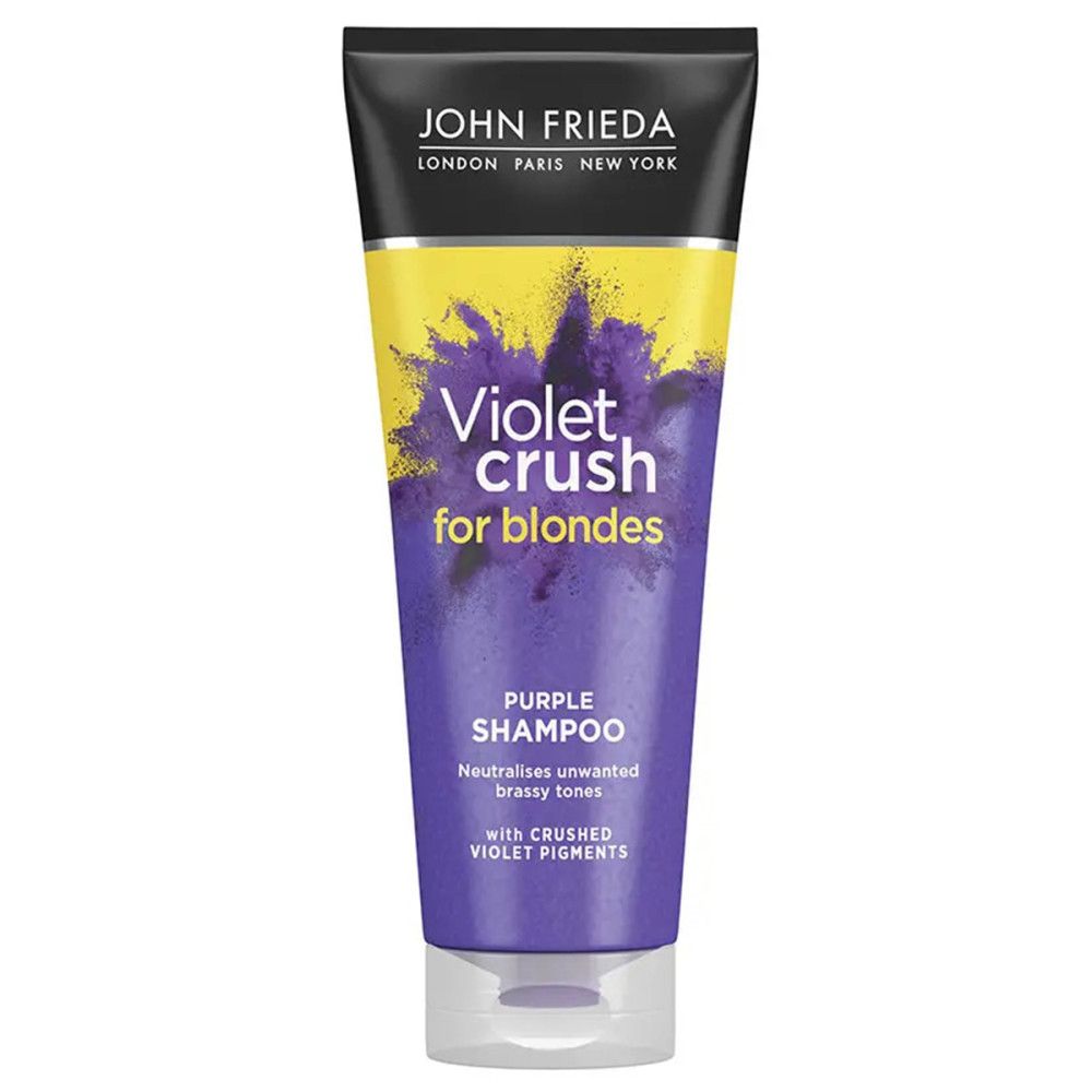 Tube de shampooing violet. Bouchon noir, fond jaune. Texte: Violet Crush for blondes, Purple Shampoo.