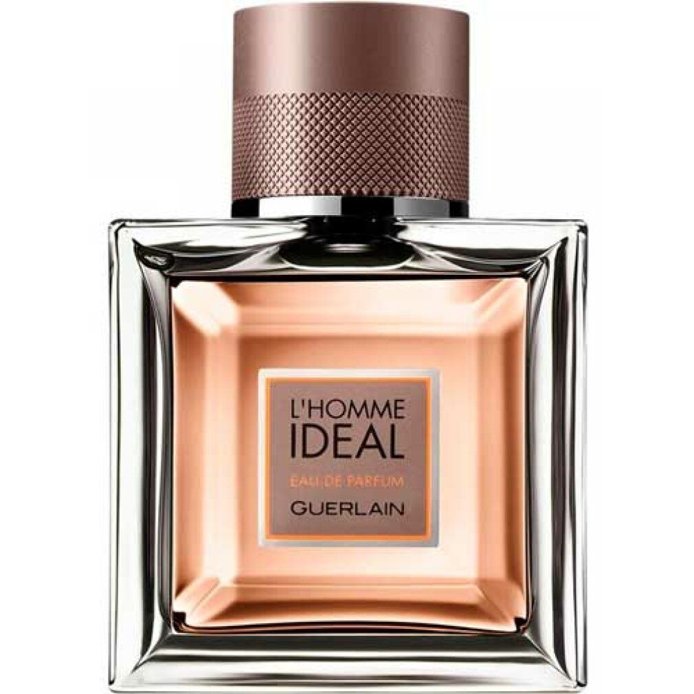 Guerlain L'Homme Ideal Eau de Parfum. Vierkante fles, bruine dop. Tekst: L'Homme Ideal, Guerlain.