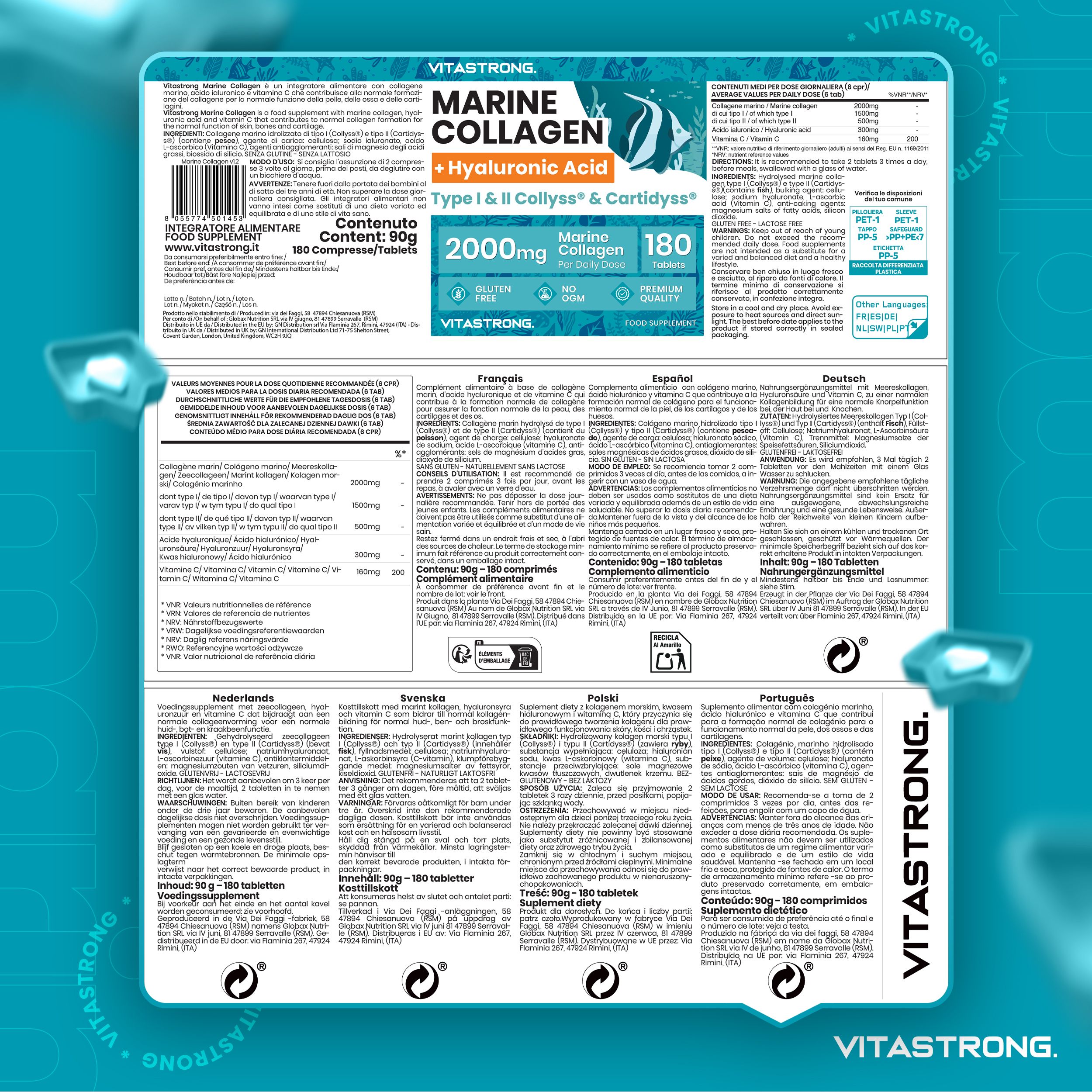 Verpakking met productinformatie. Tekst in verschillende talen. Bevat: Marine collageen, hyaluronzuur, 180 tabletten.