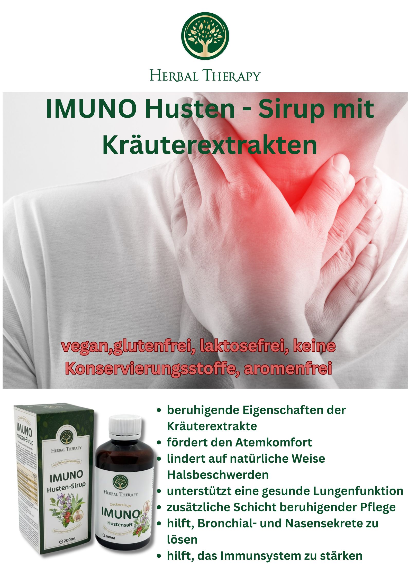 Reclamebeeld met fles en doos hoestsiroop. Opschrift: IMUNO Husten-Sirup. Tekst: vegan, glutenvrij, lactosevrij, zonder conserveringsmiddelen, aromavrij.