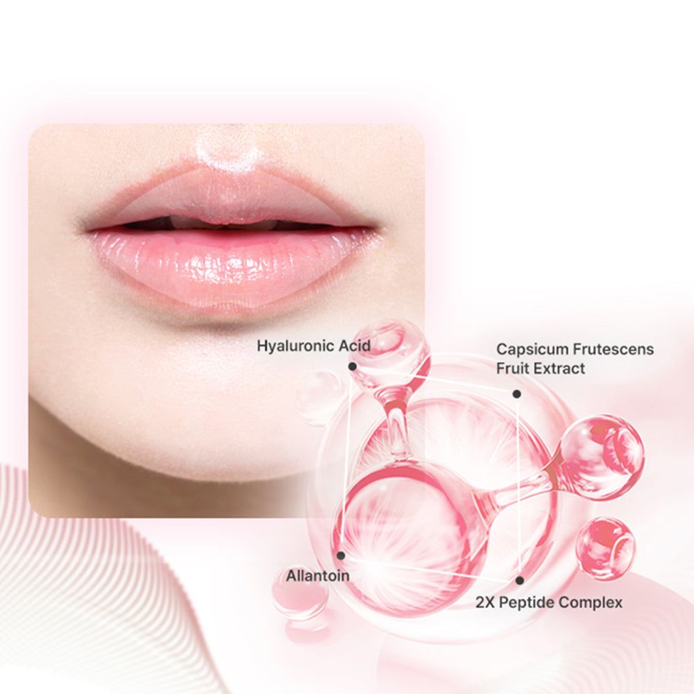 Close-up van lippen. Hyaluronzuur, Capsicum Frutescens-fruitextract, allantoïne en 2X peptidecomplex worden uitgelicht.