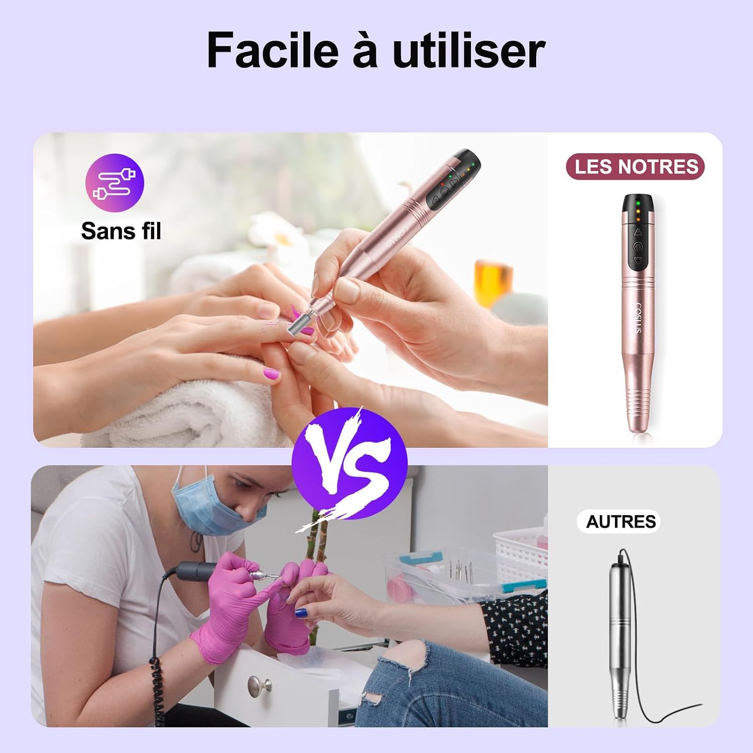 Comparaison de ponceuses à ongles sans fil et filaires, couleur or rose et argent.