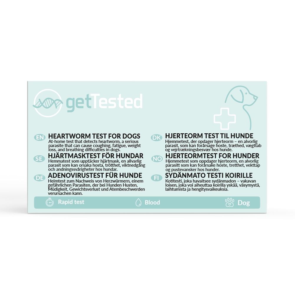Testkit voor honden. Bevat tekst in meerdere talen. Opschrift: getTested, Rapid test, Blood, Dog.