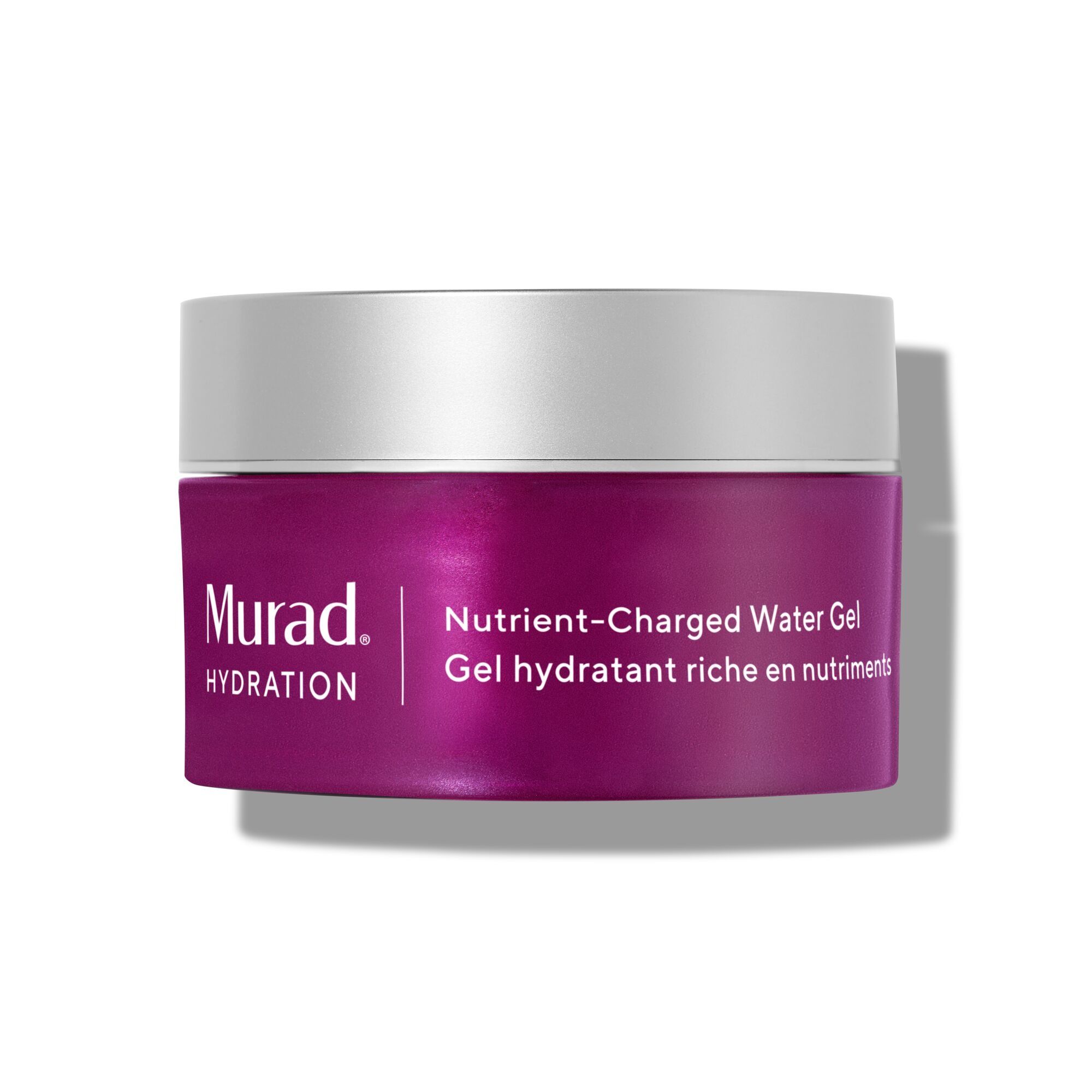 Ronde, paarse pot met zilveren deksel. Bevat Murad, Hydration en Nutrient-Charged Water Gel.