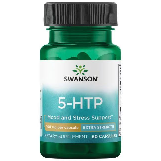 Groene fles met zwarte dop. Opschrift: SWANSON 5-HTP, 100 mg per capsule, Extra Strength, 60 capsules.