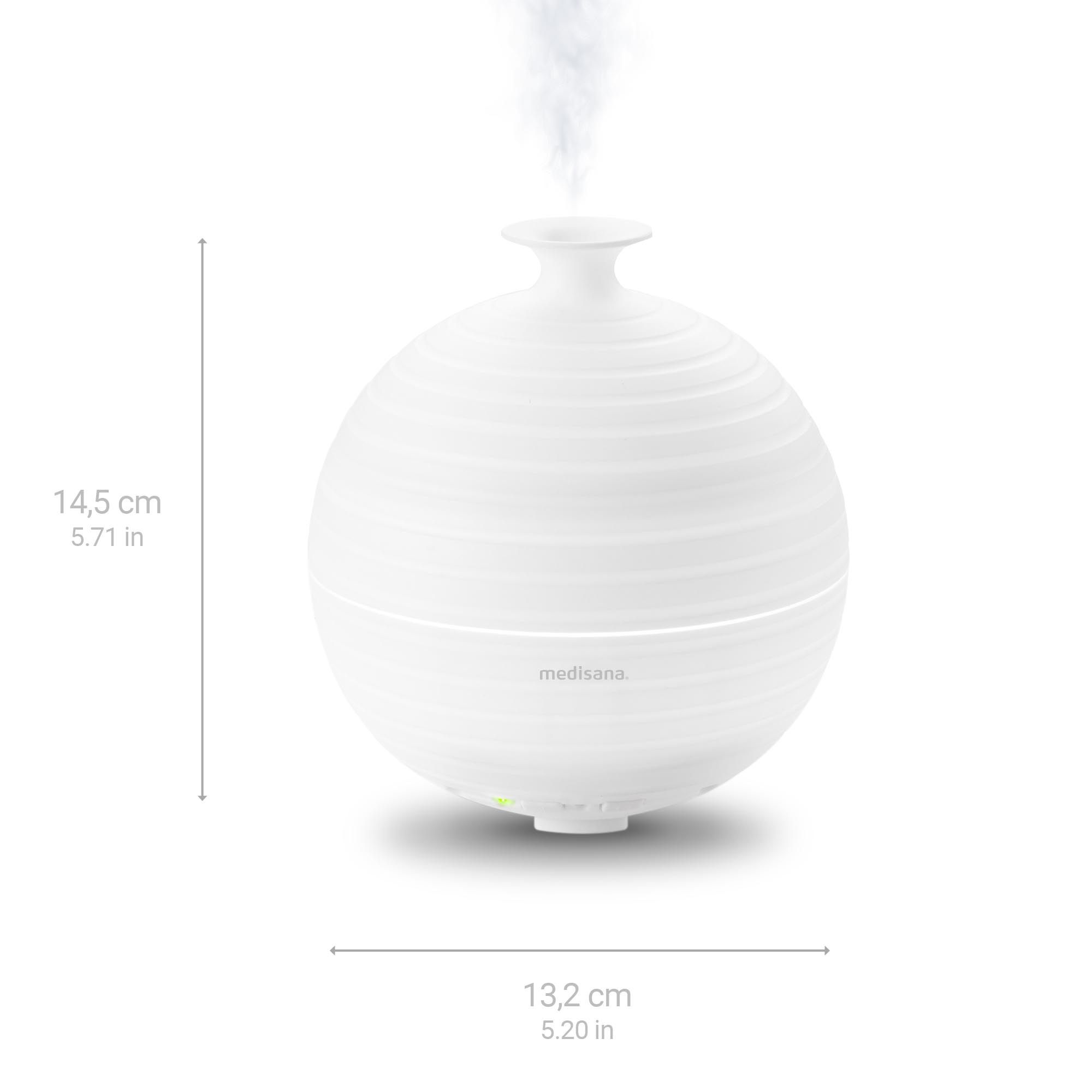 Diffuseur d'arôme : hauteur 14,5 cm, largeur 13,2 cm. Blanc, côtelé, avec vapeur.