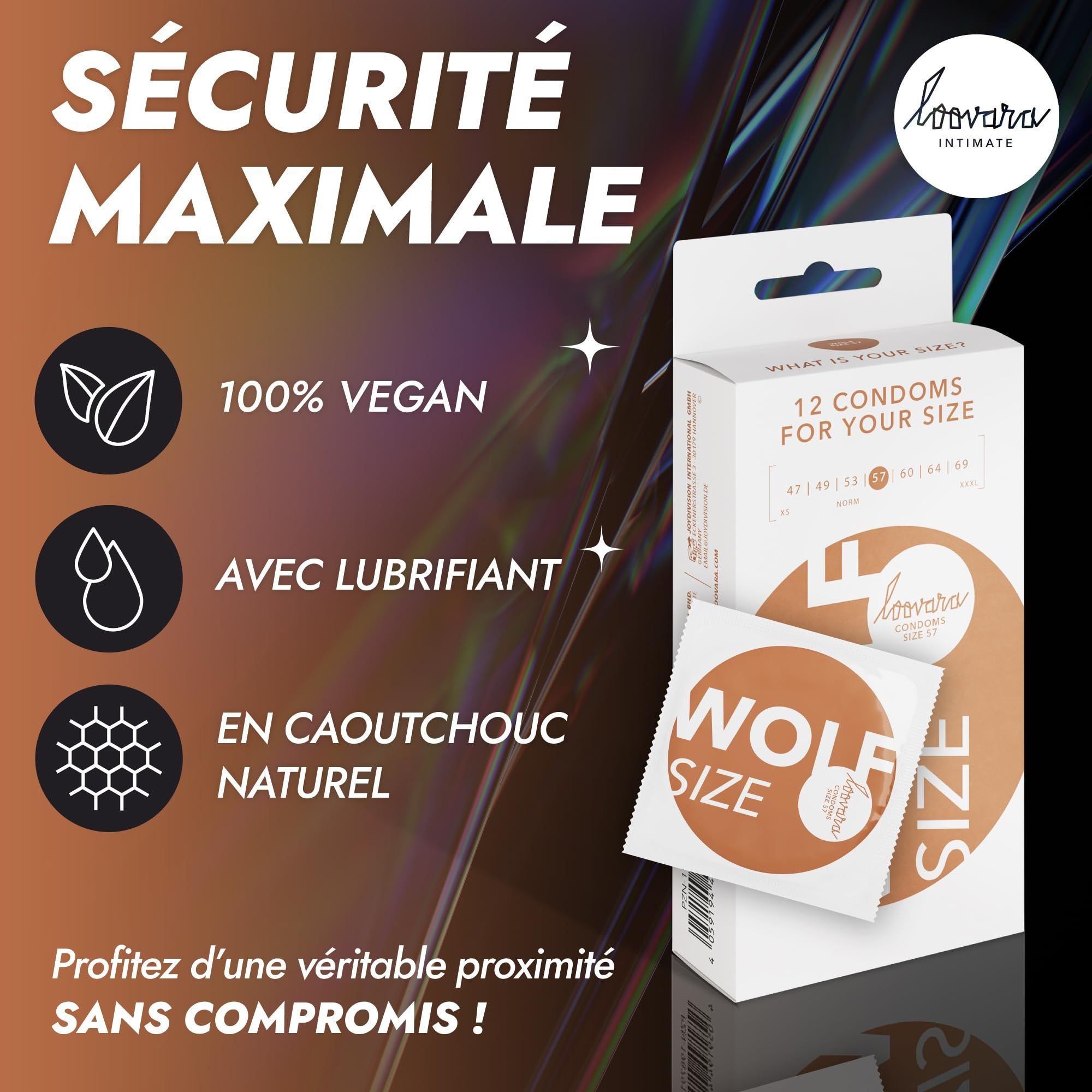 Préservatifs Loovara 'Wolf' taille 57. 12 pièces, avec lubrifiant. En caoutchouc naturel.