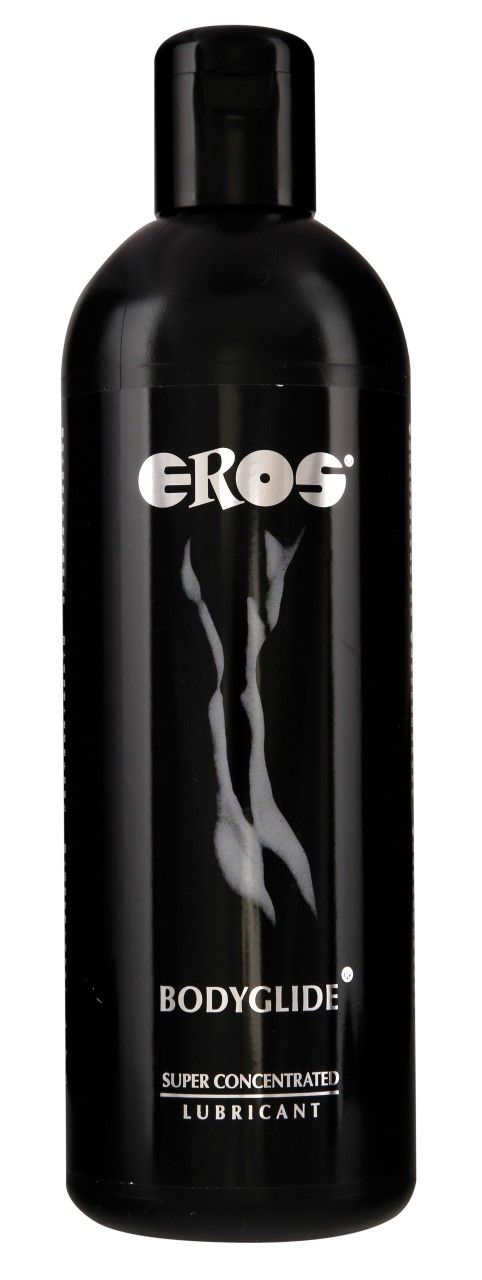 Flacon noir Bodyglide Super Concentrated Lubricant avec logo argenté et silhouette.