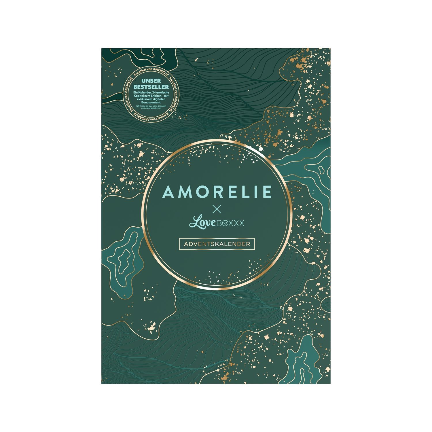 Voorkant van een adventskalender met het logo 'AMORELIE x Loveboxxx' en gouden golvende patronen.