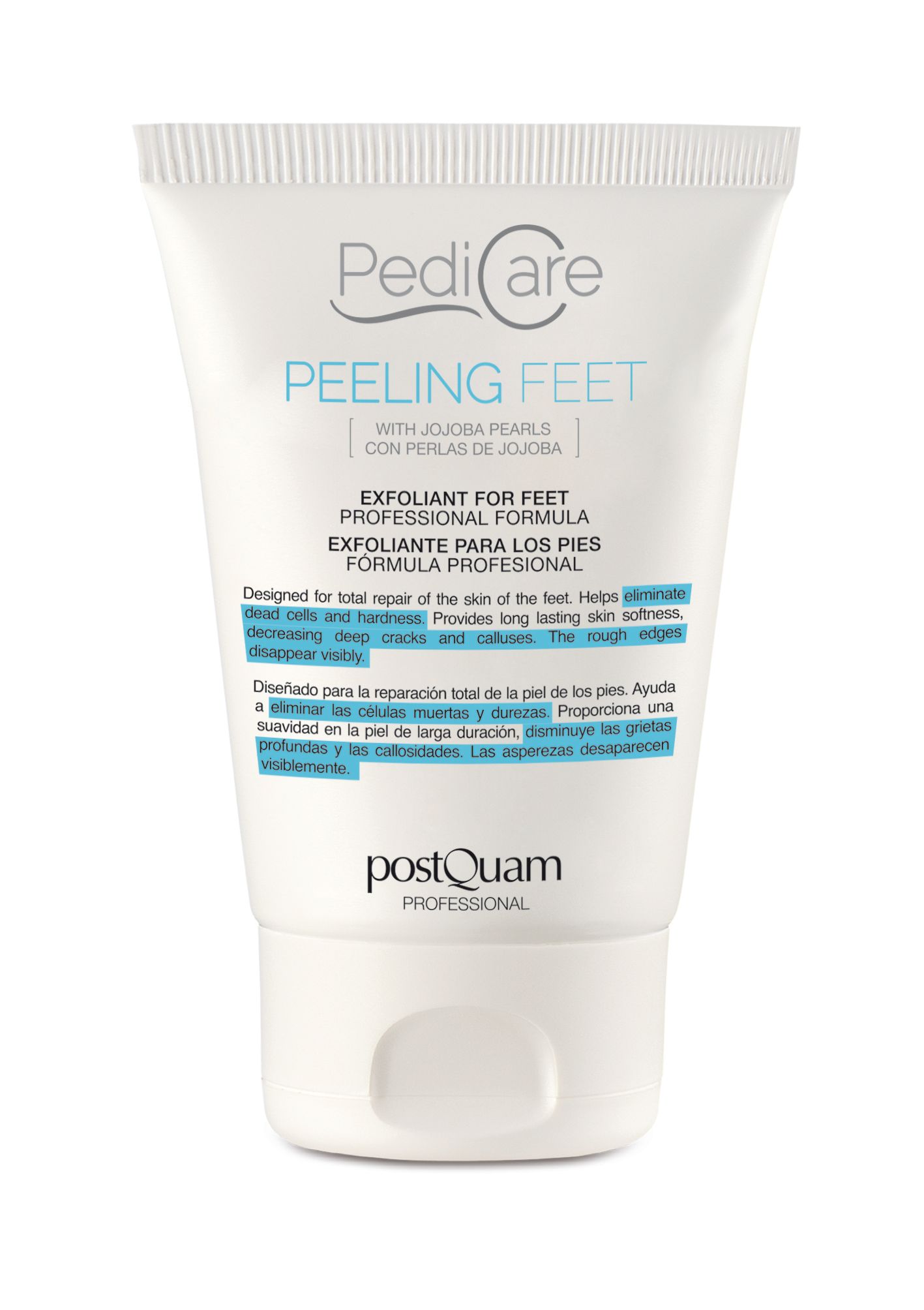 Tube blanc avec texte bleu. Inscription: PediCare Peeling Feet. Texte en anglais et espagnol. Marque: PostQuam Professional.