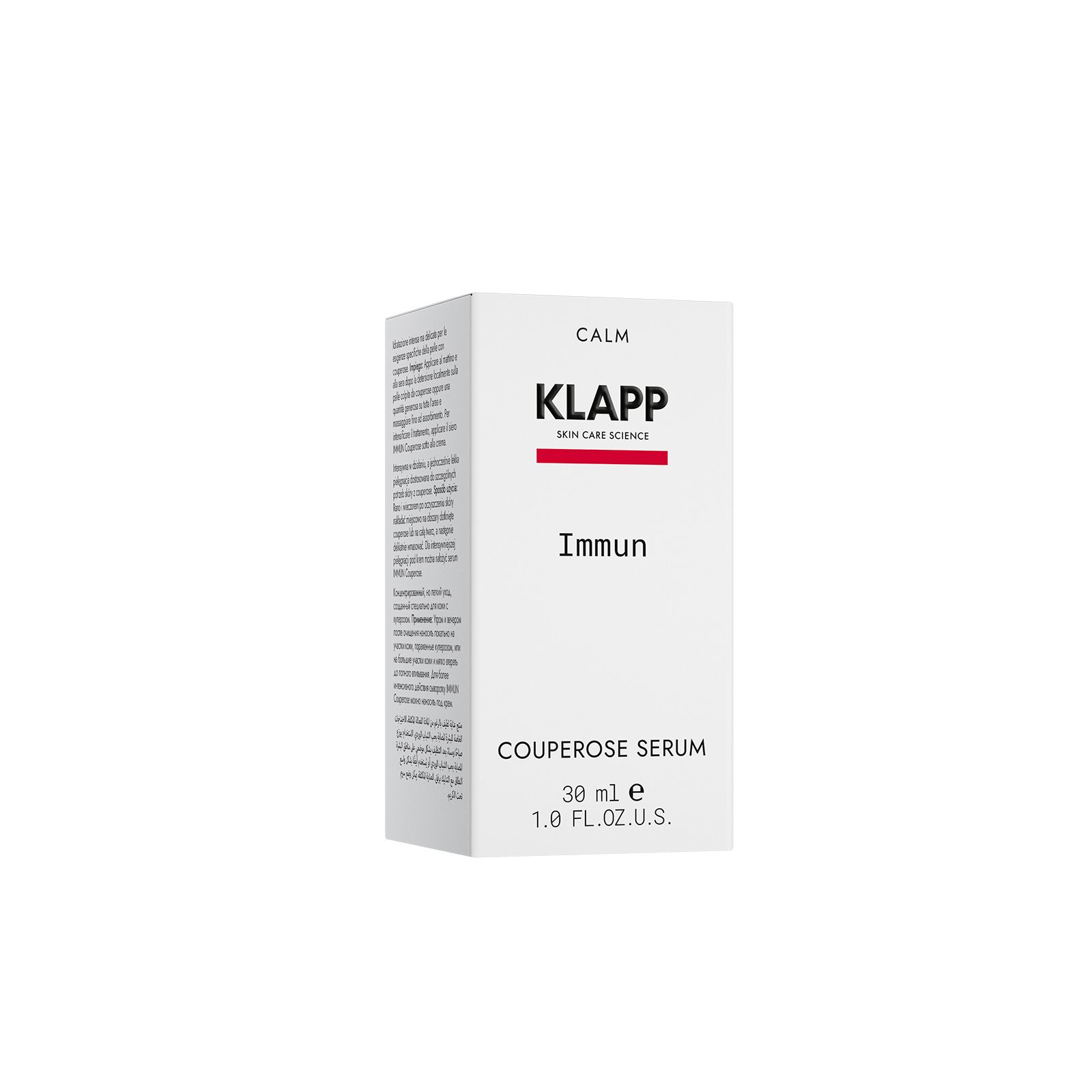 Witte verpakking met opschrift: KLAPP, Immun, Couperose Serum. Rode balk. 30 ml, 1.0 FL. OZ. U.S. Tekst op de zijkant.