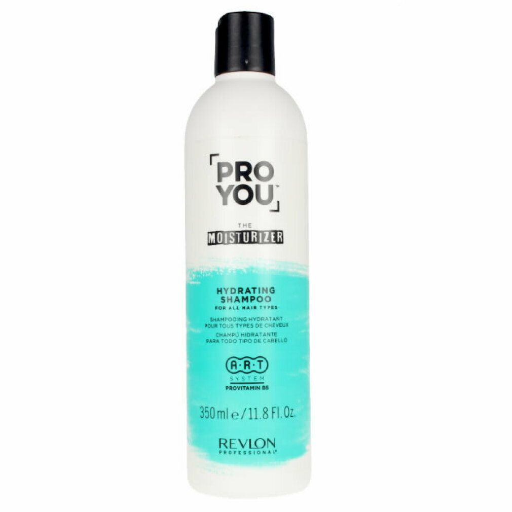 Witte shampoo fles met zwarte dop. Opschrift: PRO YOU The Moisturizer, Hydrating Shampoo. Revlon Professional.
