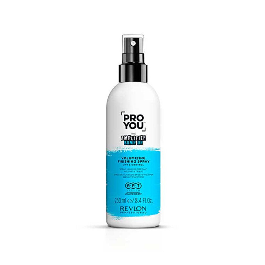 Witte fles met zwarte spraykop. Blauwe tekst: Pro You, Amplifier Bump Up, Volumizing Finishing Spray. Revlon Professional.