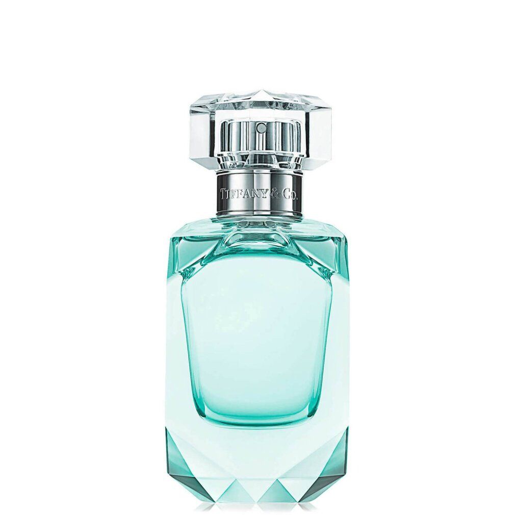 Fles met zilveren sluiting en transparante dop. Turquoise vloeistof. Geometrische vorm. Opschrift: Tiffany & Co.
