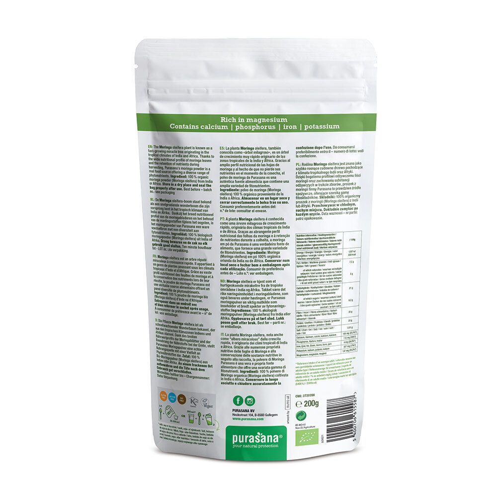 Dos du sachet de purasana® Moringa. Contient des informations et des valeurs nutritionnelles.
