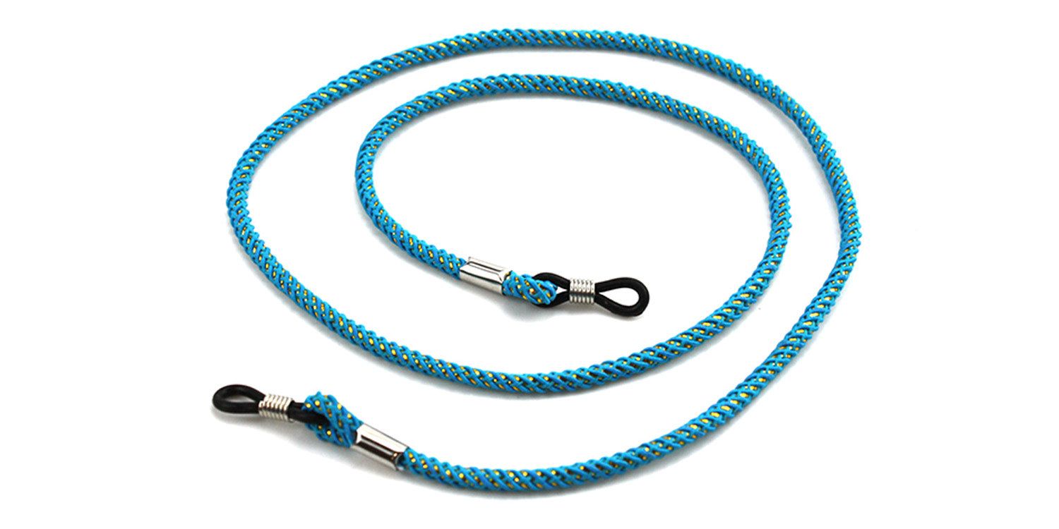 Cordon de lunettes turquoise. Corde tressée avec extrémités métalliques et boucles pour fixation aux branches.