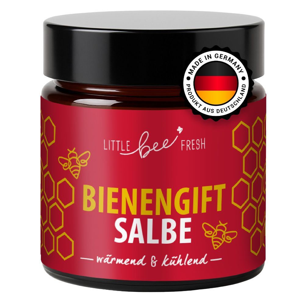 Rode pot met zwarte deksel. Opschrift: BIENENGIFT SALBE. Zegel: Made in Germany. Logo: Little Bee Fresh.