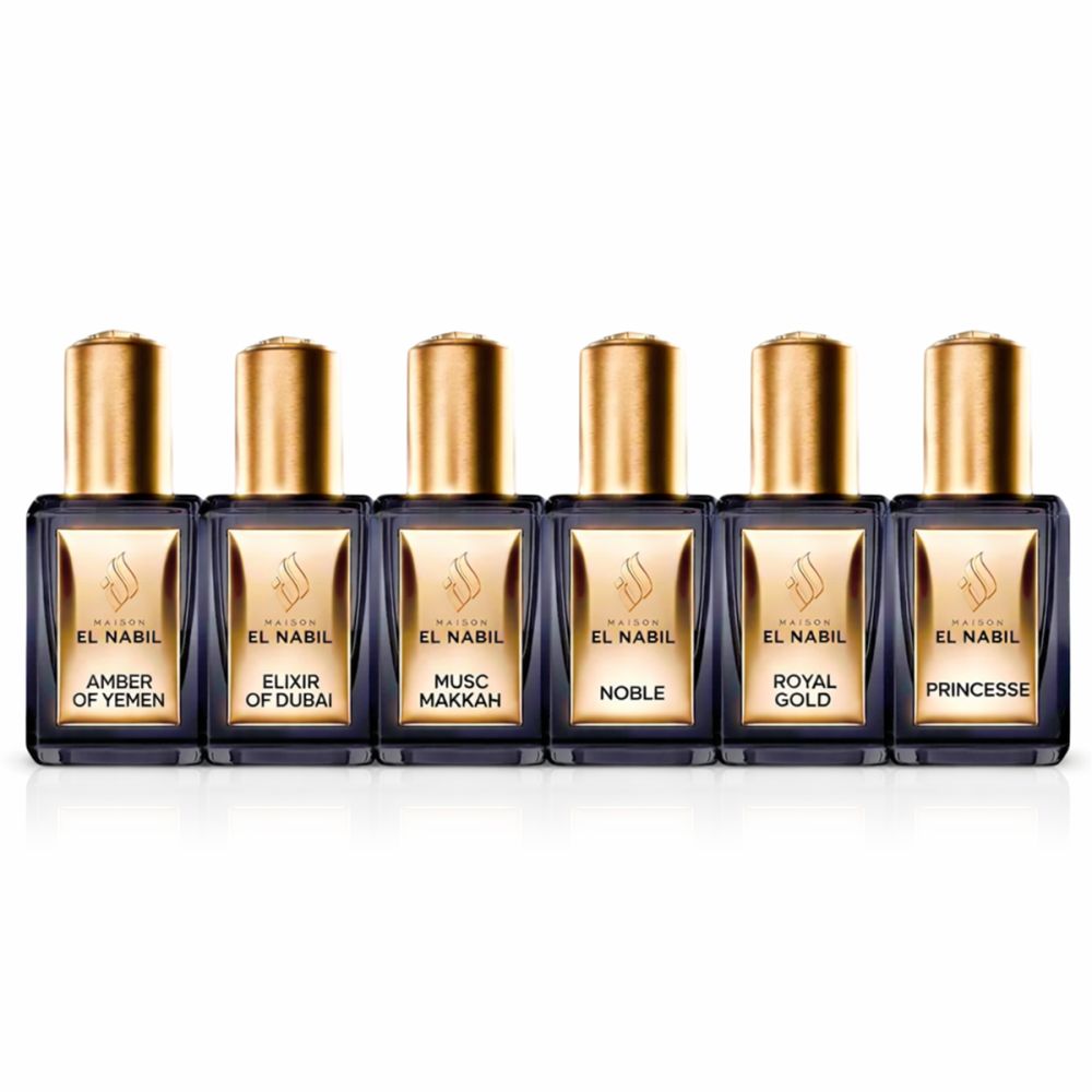 Zes flesjes met gouden doppen. Opschrift: El Nabil, Amber of Yemen, Elixir of Dubai, Musk Makkah, Noble, Royal Gold, Princesse.