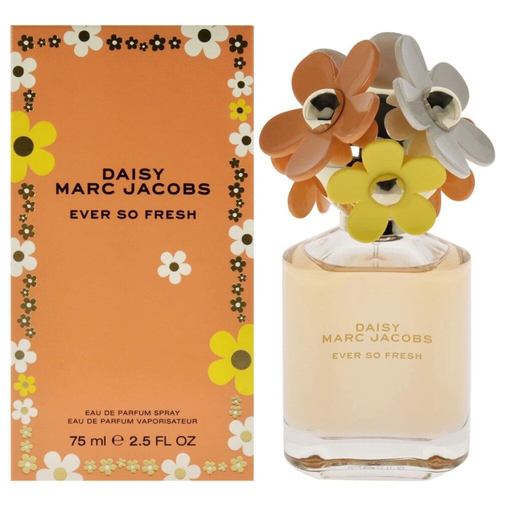 Parfumfles en doos. Fles met kleurrijke bloemen. Opschrift: Daisy Marc Jacobs Ever so Fresh. Oranje doos met bloemen.