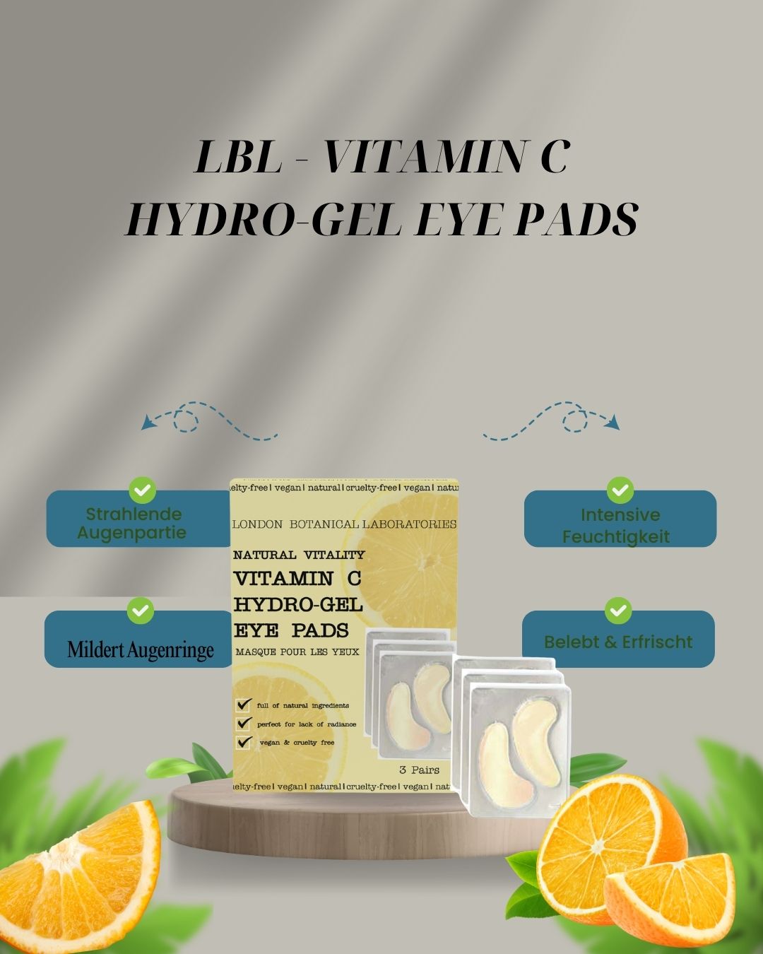 London Botanical Laboratories Vitamin C Hydro-Gel Eye Pads avec oranges.