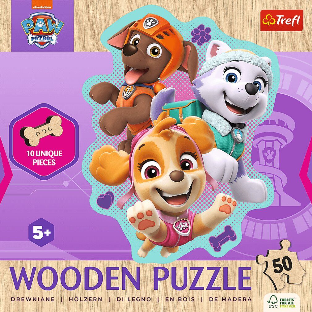 Puzzle en bois Trefl Paw Patrol, 50 pièces. Boîte avec logo, personnages et texte. Recommandé pour les enfants de 5 ans et plus.