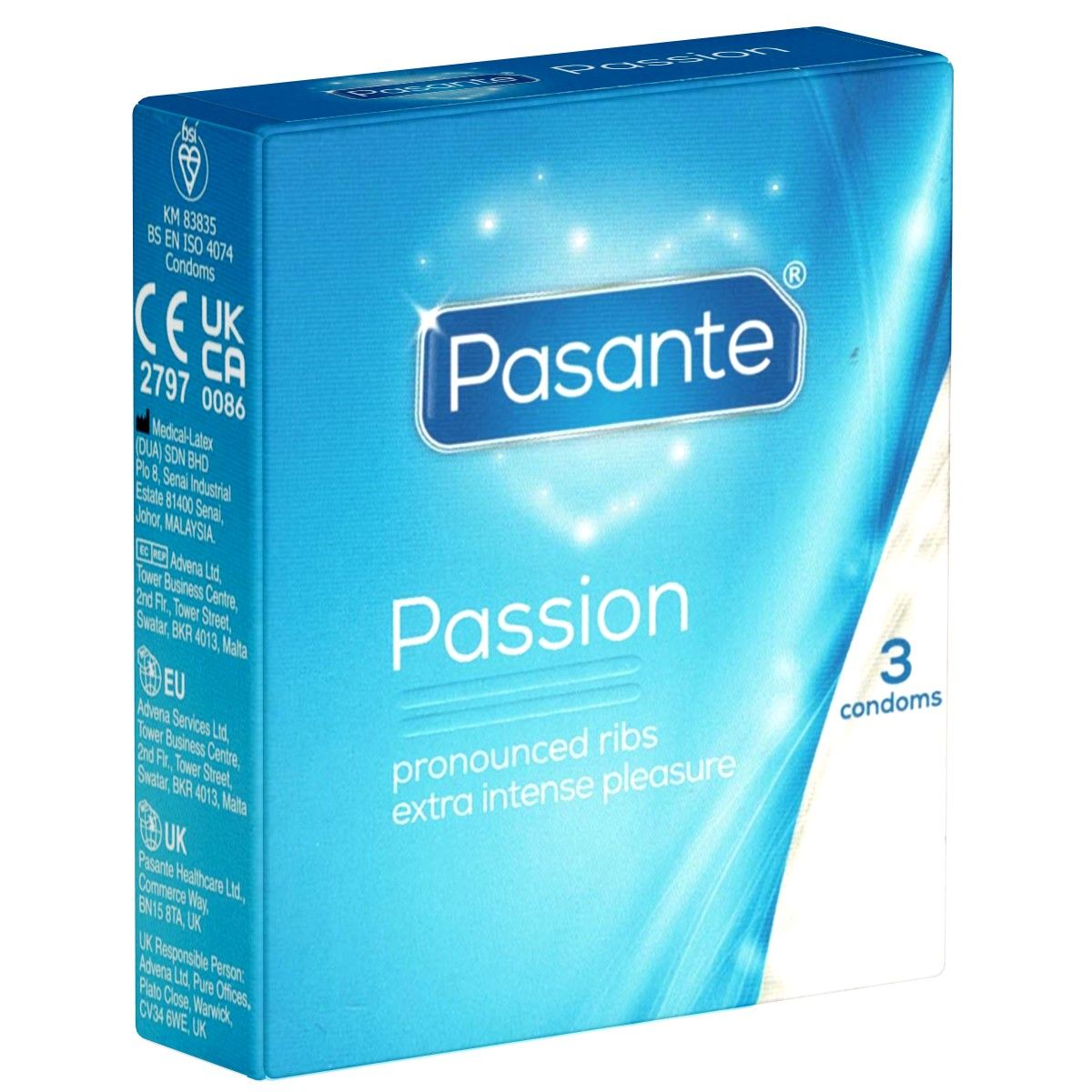 Boîte bleue Pasante Passion. Contient 3 préservatifs. Préservatifs côtelés pour un plaisir intense.