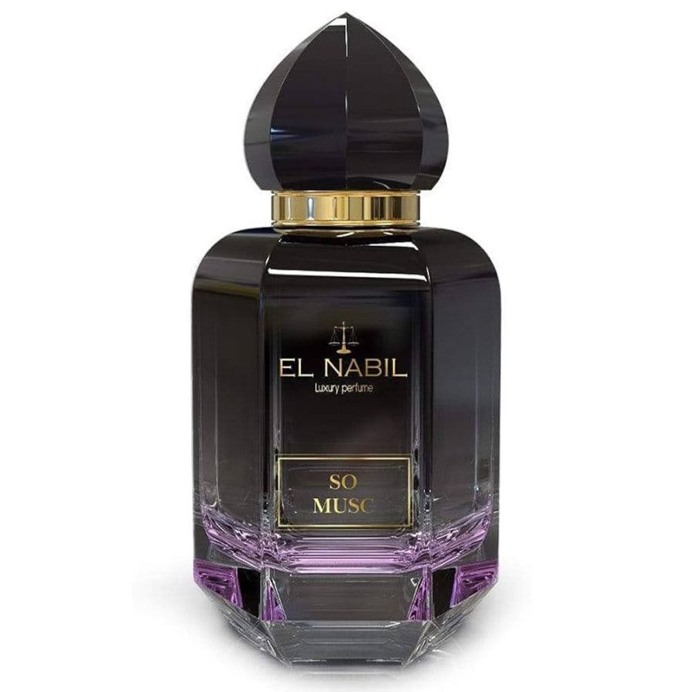 Flacon noir avec bouchon doré et étiquette. Inscription : El Nabil, So Musc. Forme géométrique.