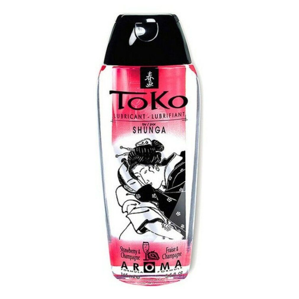 Lubrifiant Toko Shunga Arôme Fraise & Champagne. Flacon transparent avec bouchon noir et motif asiatique.