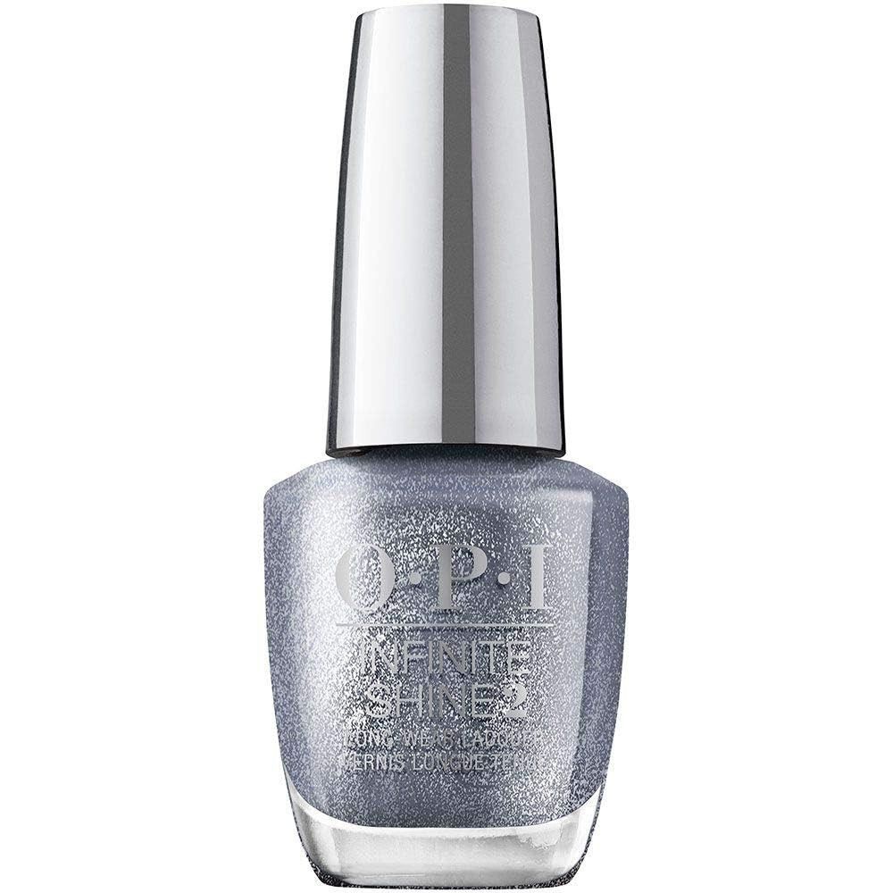 Flacon de vernis à ongles OPI Infinite Shine. Bouchon argenté, vernis argenté pailleté. Logo OPI et nom du produit visibles.