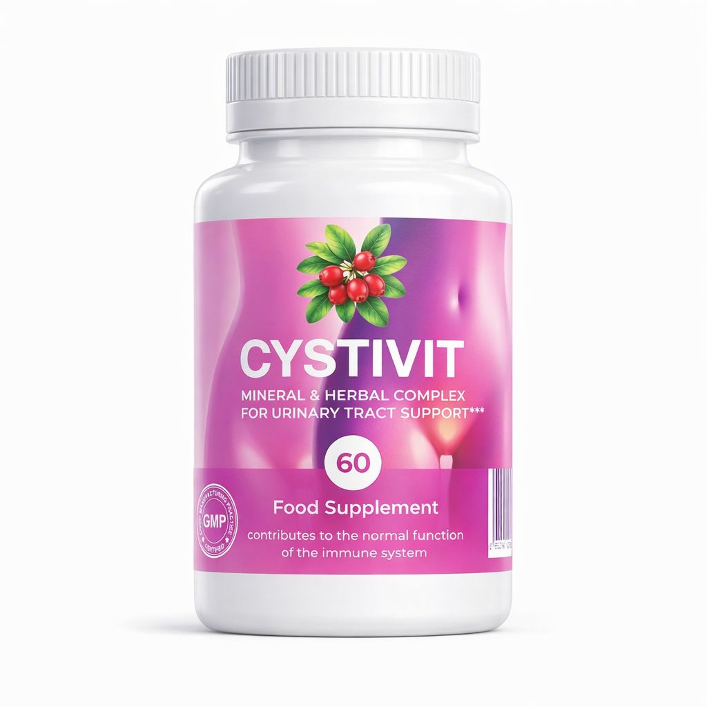 Flacon blanc avec étiquette rose. Inscription CYSTIVIT, complexe minéral et végétal. 60 gélules. Complément alimentaire.