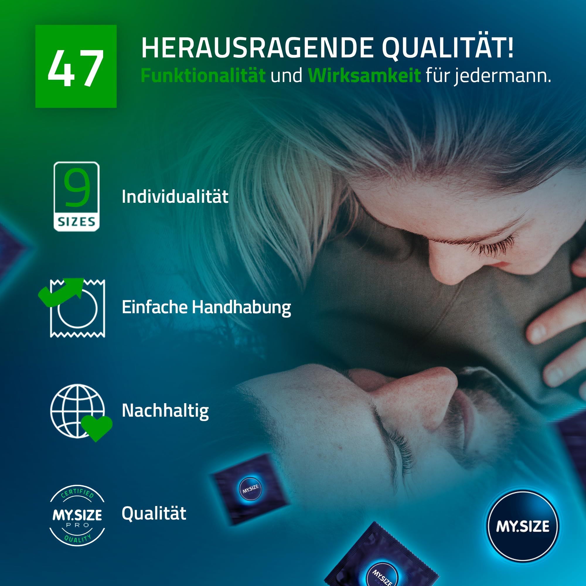 MY.SIZE condooms: 9 maten, eenvoudig in gebruik, duurzaam, gecertificeerde kwaliteit.
