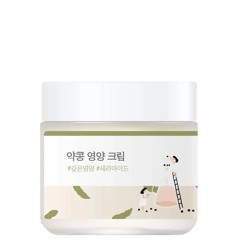 ROUND LAB Sojabonen voedende crème pot met illustraties van sojabonen en een ladder.
