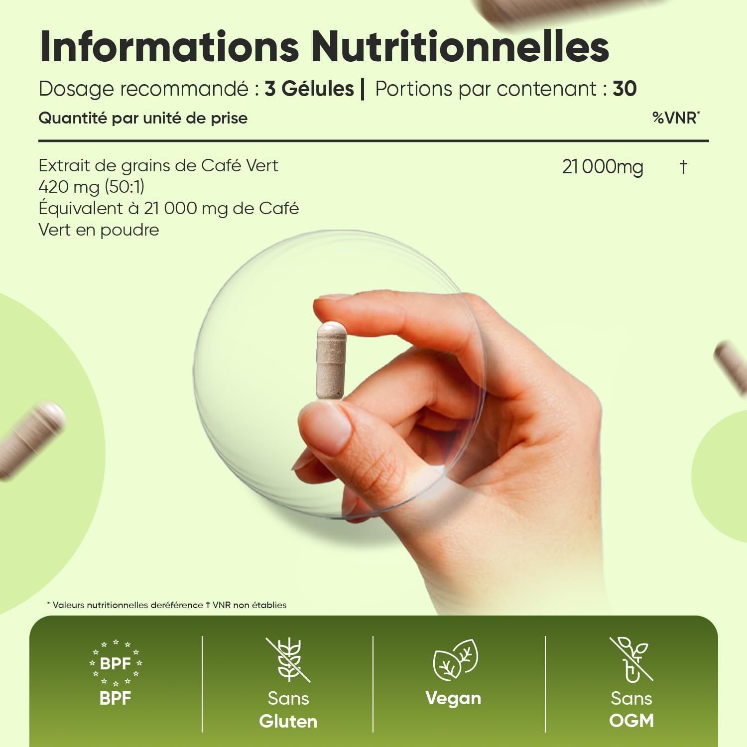 Gélules WeightWorld Café Vert : 21.000mg par portion, vegan, sans gluten, sans OGM.