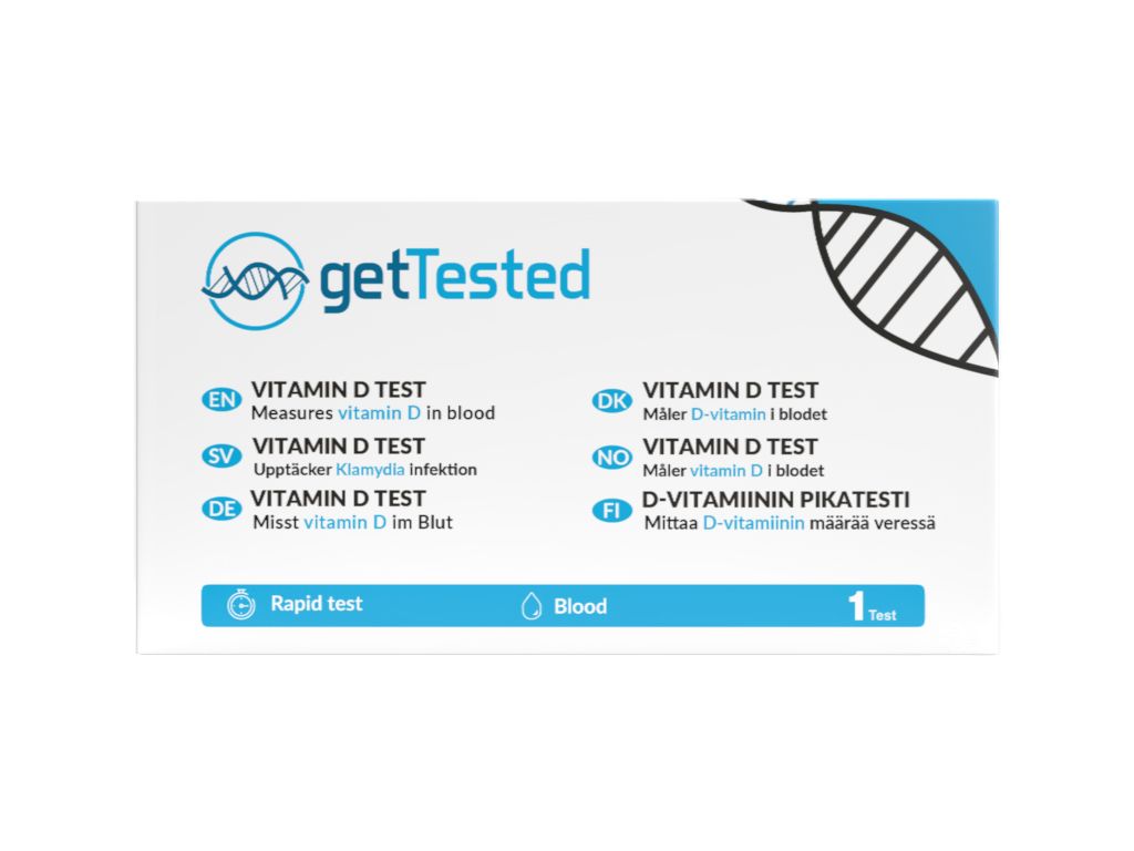Boîte de test GetTested pour la vitamine D. Contient un test pour mesurer la vitamine D dans le sang. Avec l'inscription "Rapid test" et "Blood".