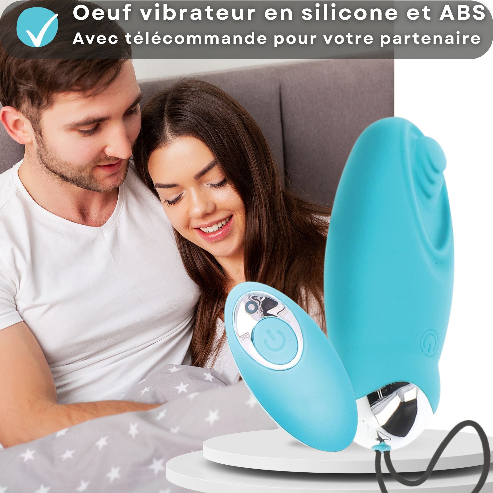 Oeuf vibrant bleu avec télécommande. Texte: silicone, ABS, 9cm long, 3,3cm diamètre, rechargeable USB, 8 modes.