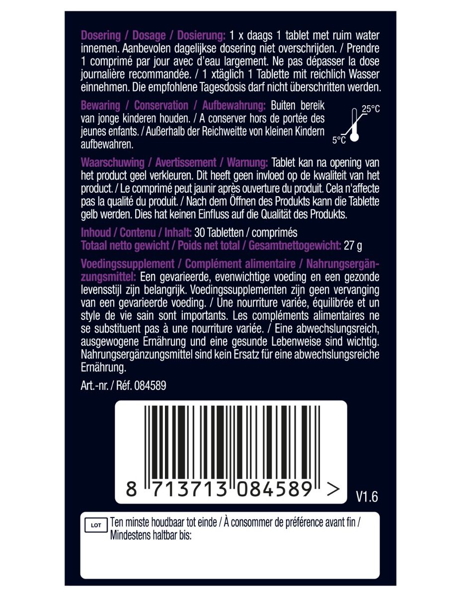 Dos de l'emballage avec posologie, avertissements et date de péremption. Contient un code-barres.