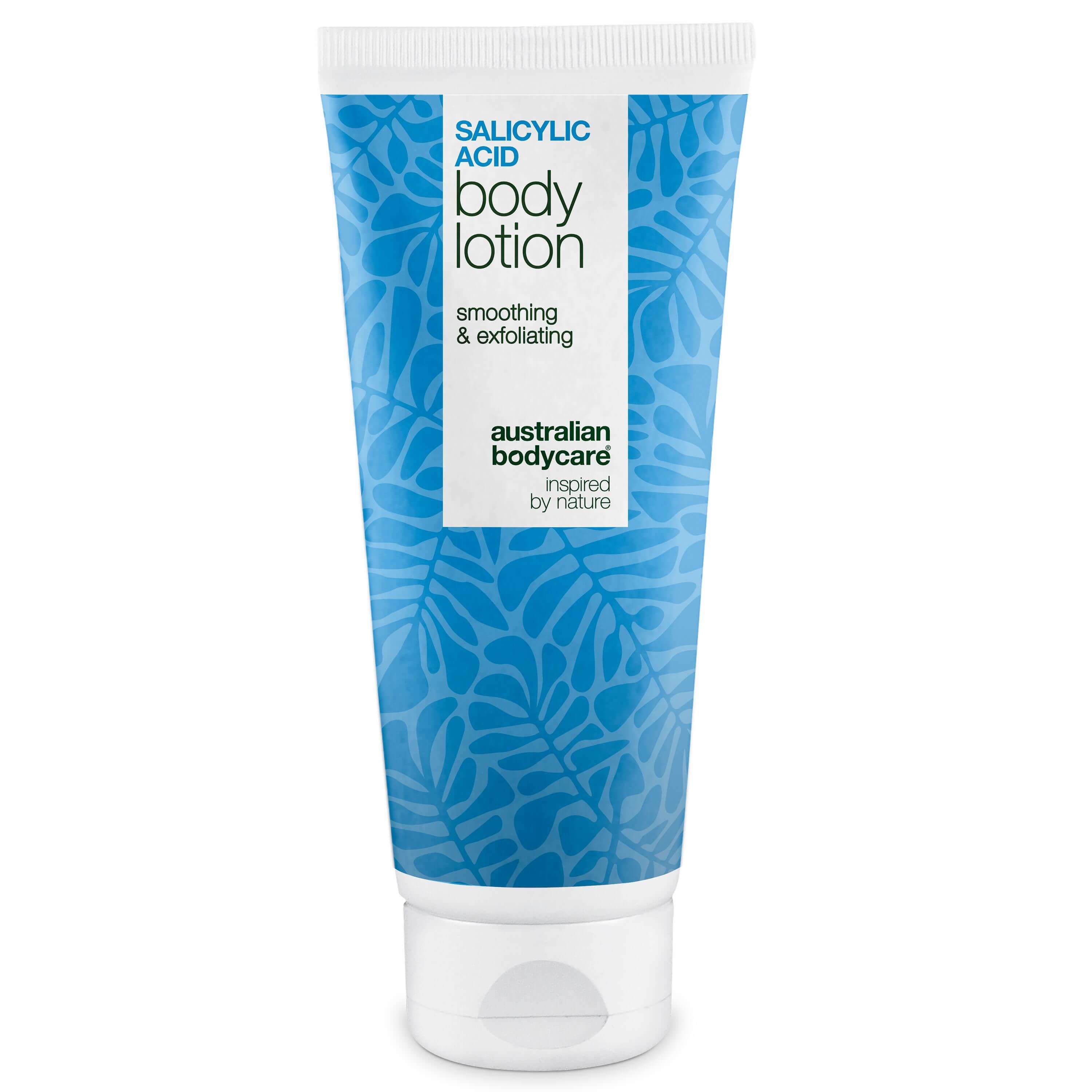 Salicylzuur Body Lotion tube. Blauw-wit ontwerp met bladeren. Tekst: Australian Bodycare, Smoothing & Exfoliating.