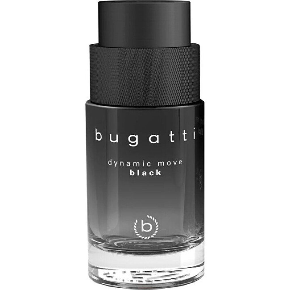 Flacon noir bugatti Dynamic Move Black. Forme cylindrique avec bouchon noir et logo.