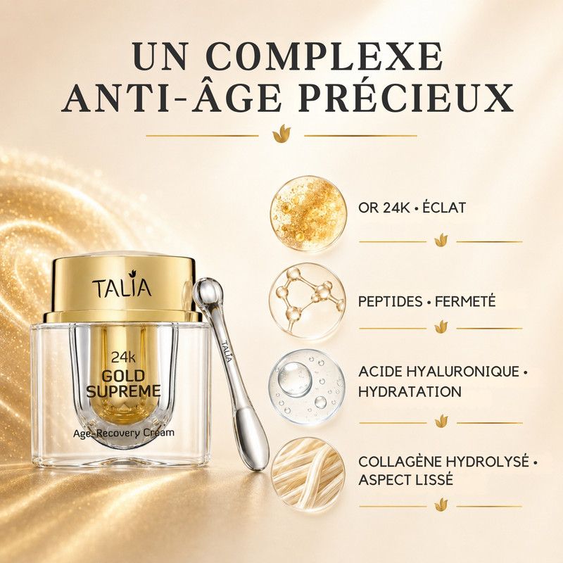 Un pot de crème Talia 24k Gold Supreme Age-Recovery avec une spatule.