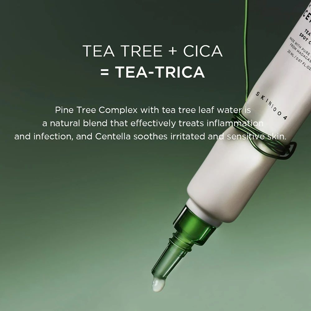 Producttube met tekst: TEA TREE + CICA = TEA-TRICA. Druppel vloeistof. Tekst: SKIN1004.