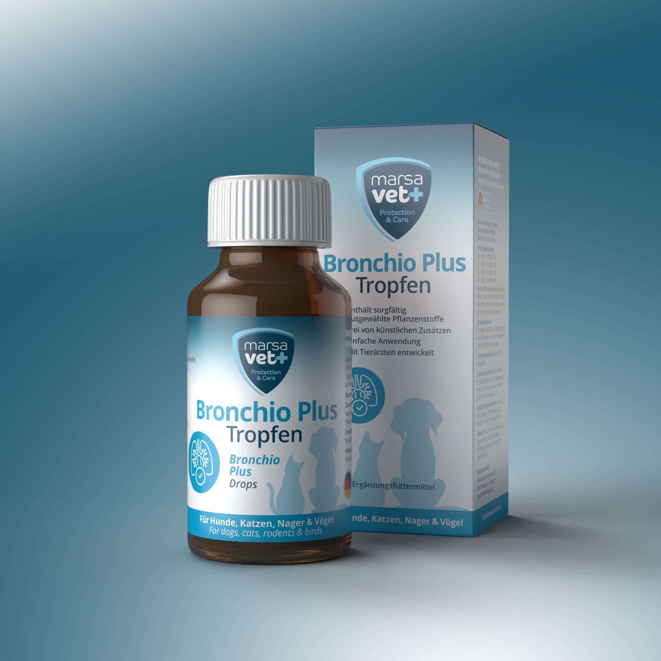Fles en doos met opschrift: Bronchio Plus Druppels. Logo Marsa Vet. Blauwe achtergrond.