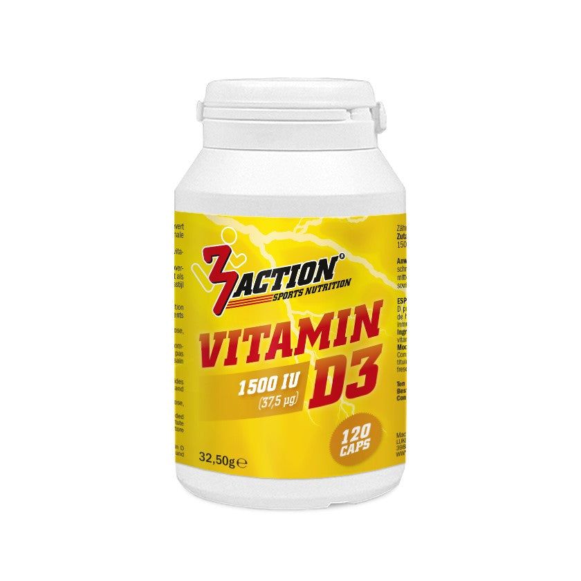 Witte fles met schroefdop. Geel etiket: 3Action, Vitamine D3, 1500 IE, 120 capsules. Gewicht: 32,50g.