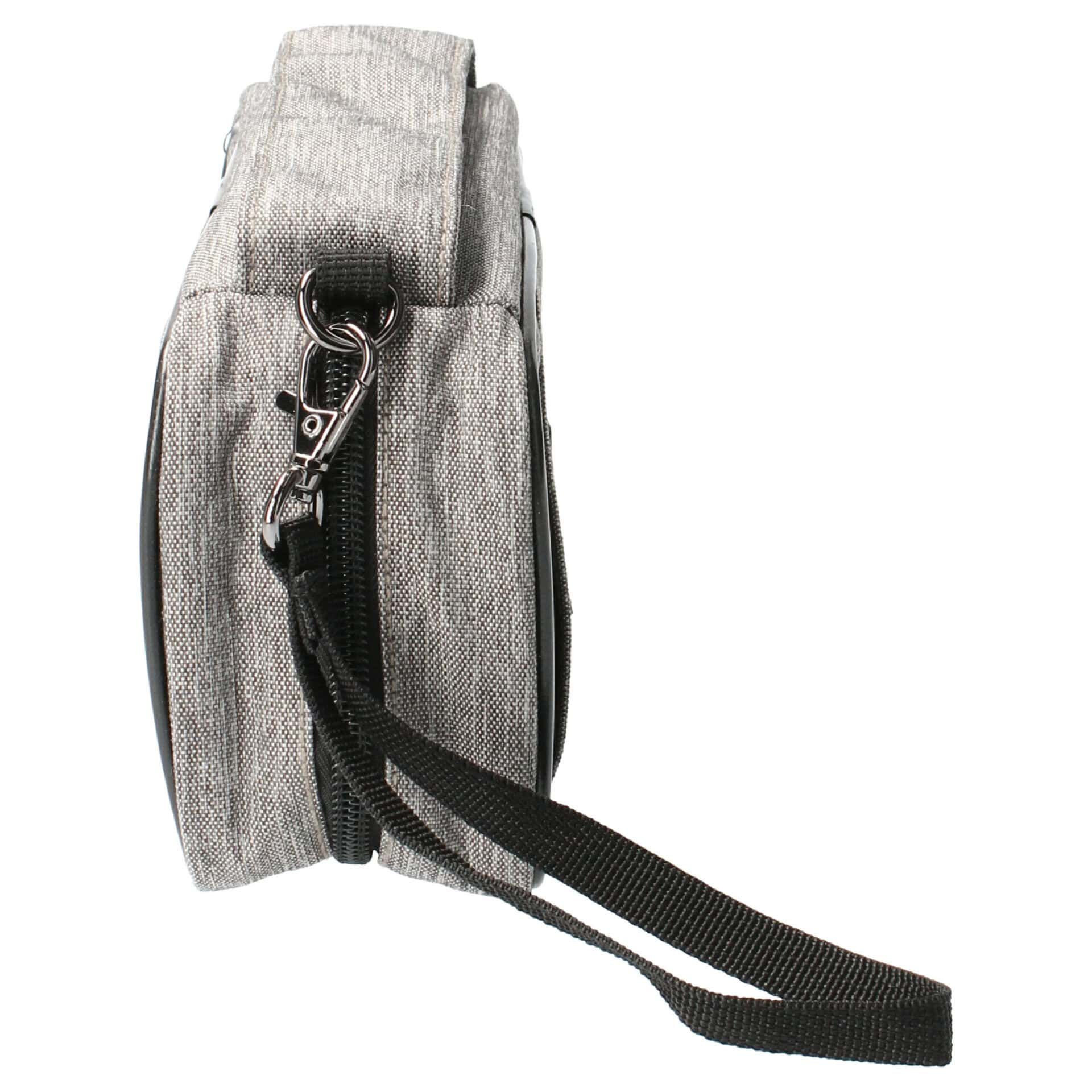 Sac gris avec fermeture éclair noire et poignée. Sangle noire avec mousqueton.