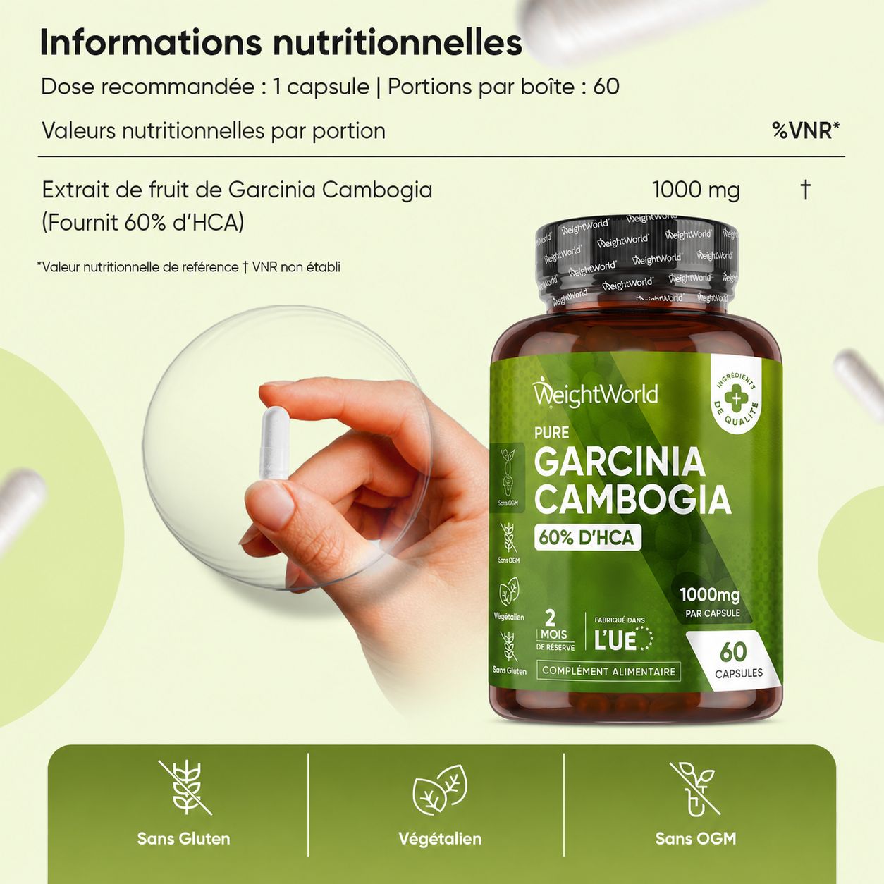 WeightWorld Garcinia Cambogia : flacon, 1000mg, 60 gélules, réserve de 2 mois, UE.