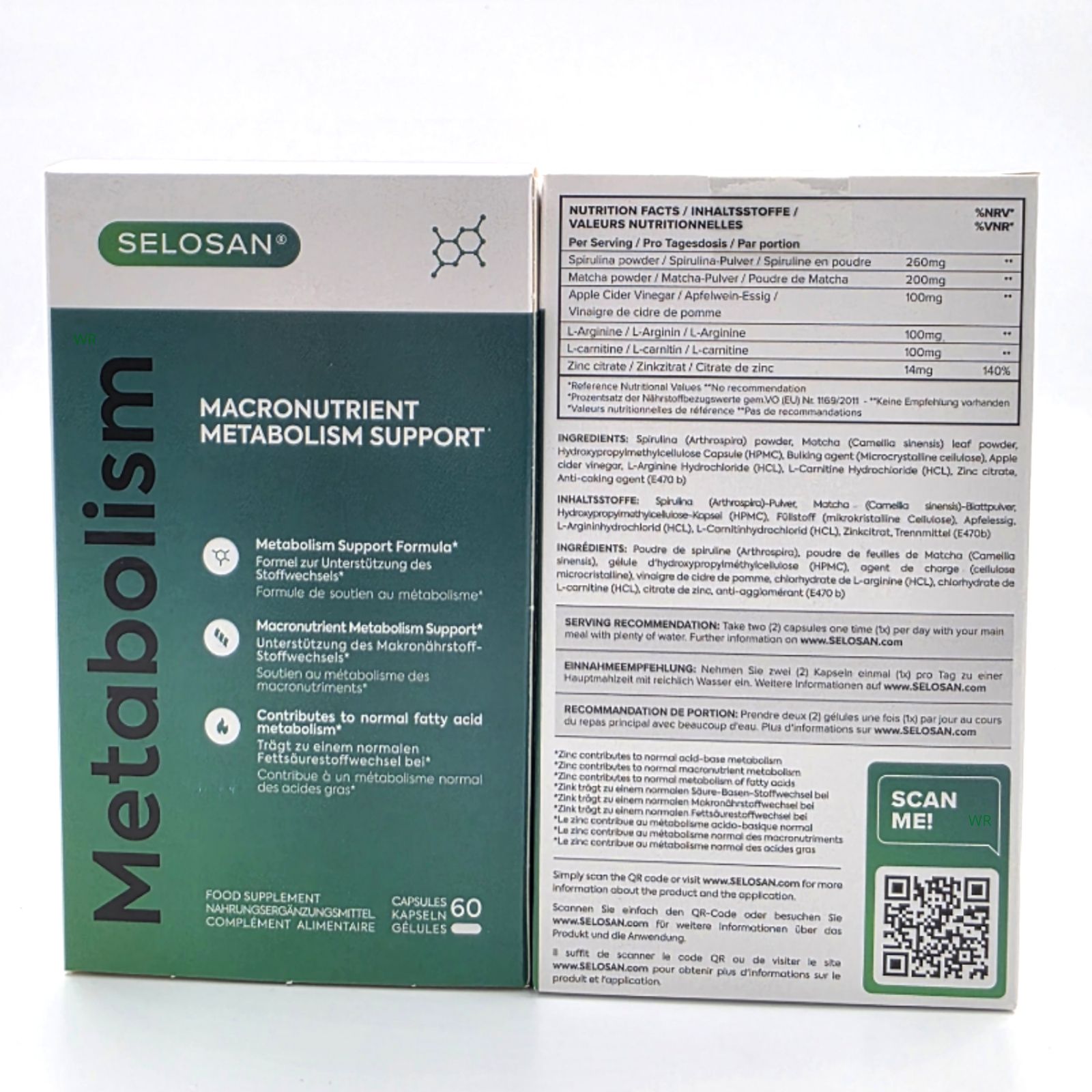 Boîte de gélules Selosan ouverte. Inscription : "Metabolism", "Macronutrient Metabolism Support". Contient 60 gélules. Informations nutritionnelles au dos.